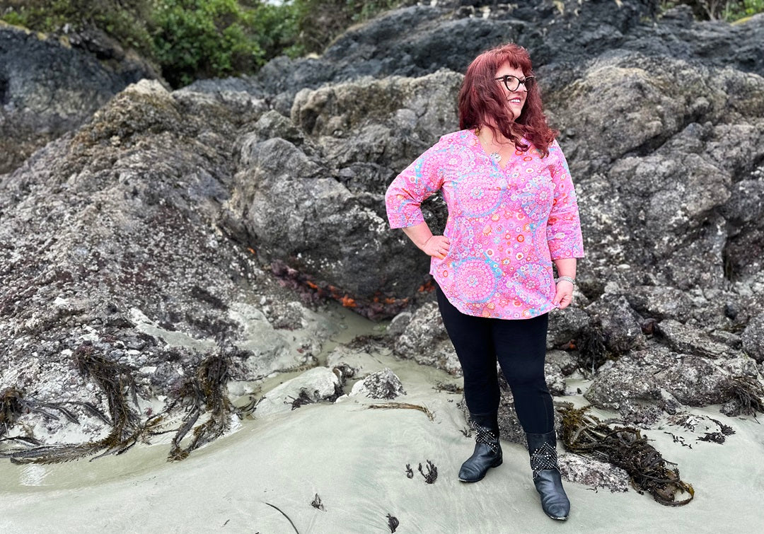 Designer Diane Kennedy wearing the Eden Floral Shirt at Frank's Island, Chesterman's Beach, Tofino BC