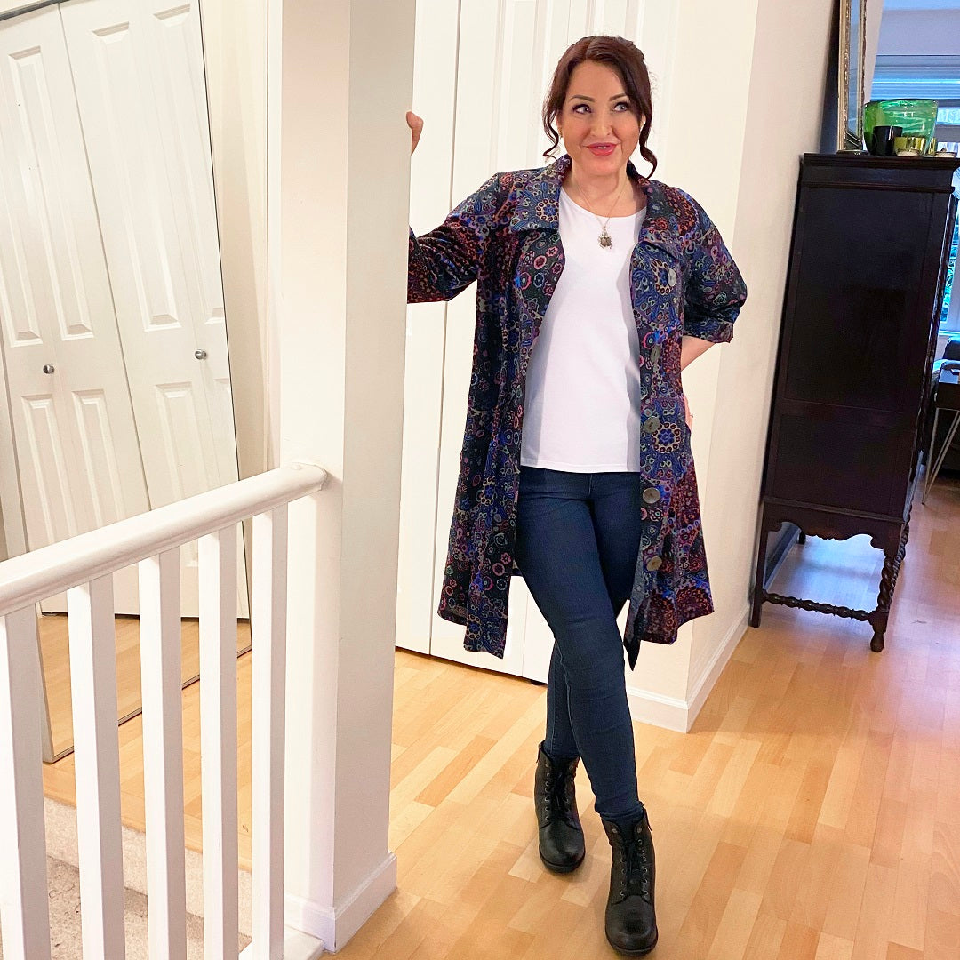  Diane Kennedy's Rhapsody Coat styled casually over jeans and a white tee