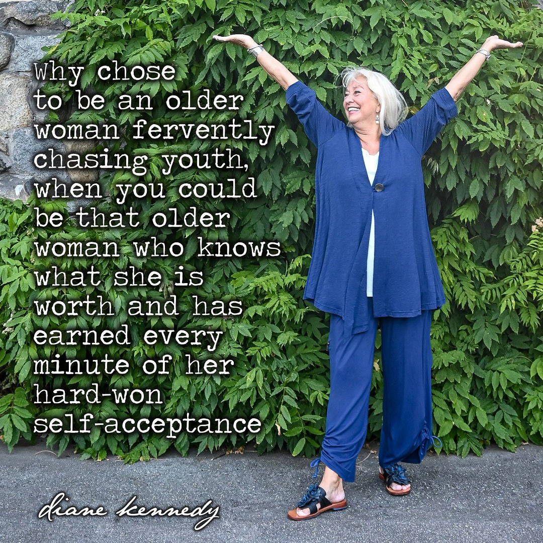 older women with an age positive quote and a blue outfit