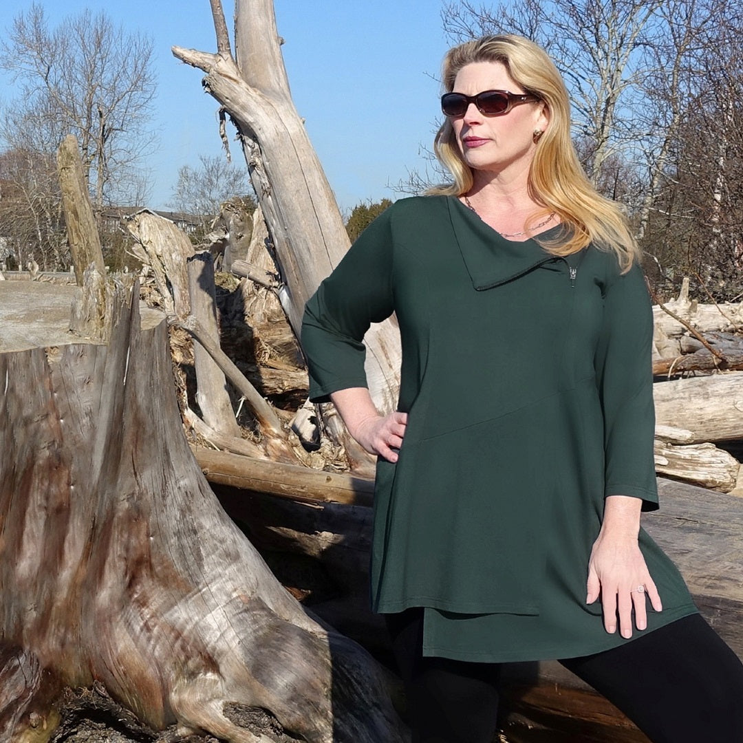 Plus size model wears a Rainforest green Artistry Tunic by Canadian designer Diane Kennedy