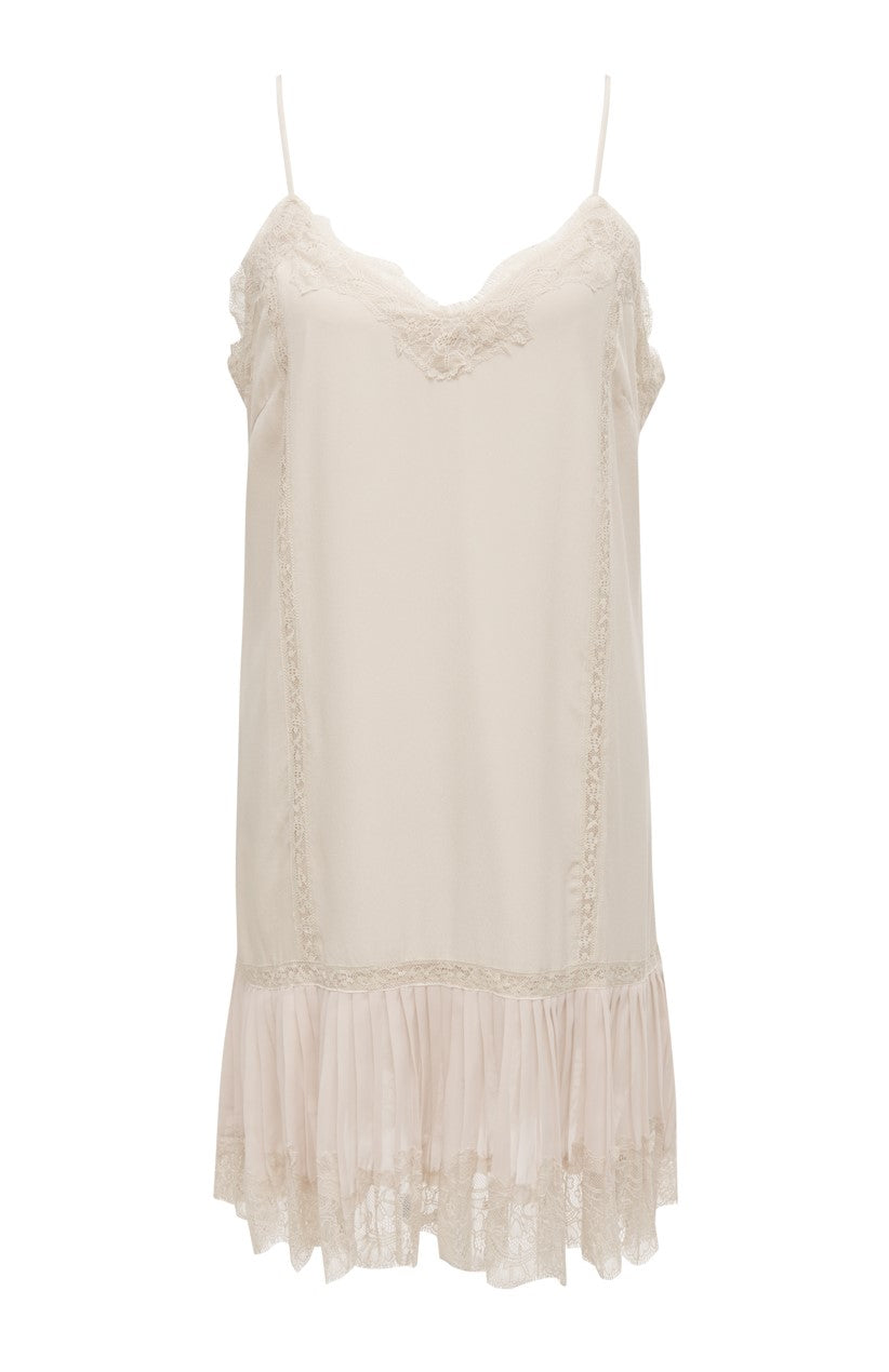 Pleated Lace Silk Dress Vanilla