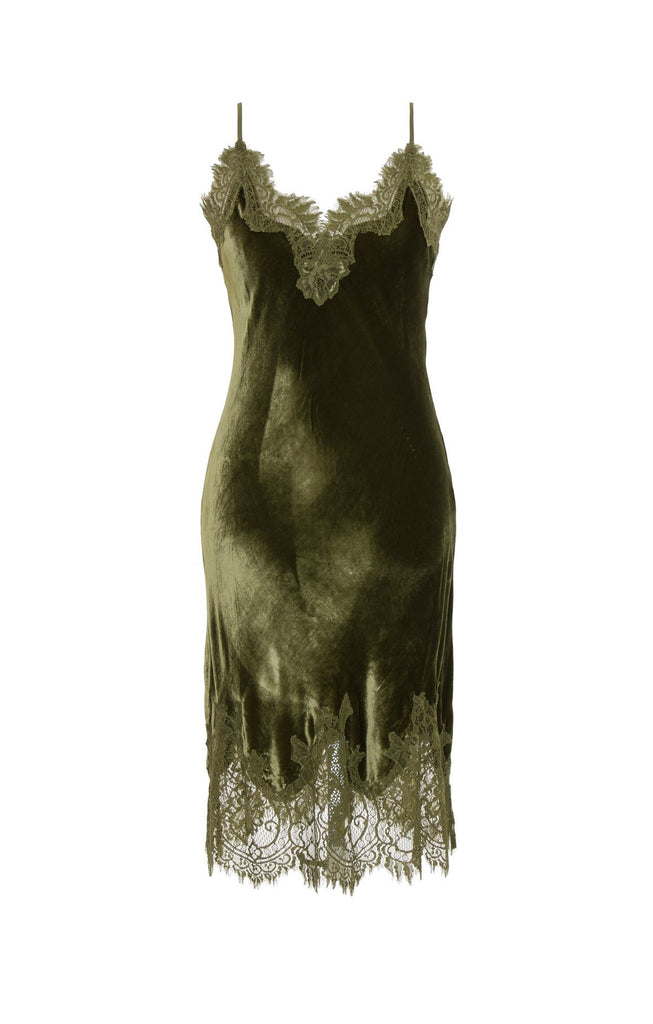 Contrast Lace Trim Velvet Slip Dress