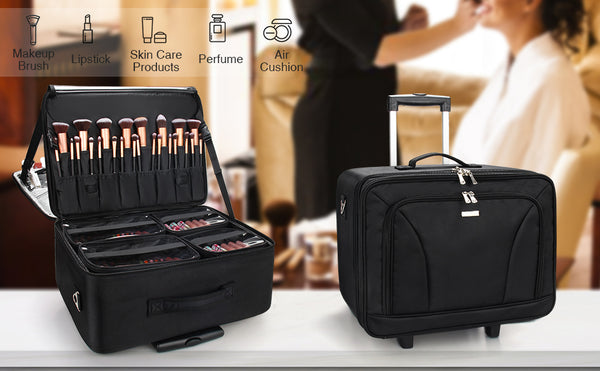 Relavel Rolling Makeup Case Professional Makeup Train Case Makeup Artist  Travel Organizer 4 in 1 with Detachable Cosmetic Case and Dual Makeup Brush