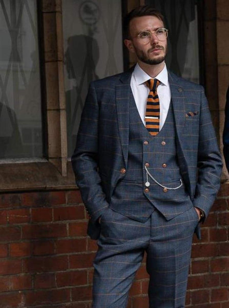 Marc Darcy Jenson Marine Navy Check Suit With Double Breasted Waistcoat ...