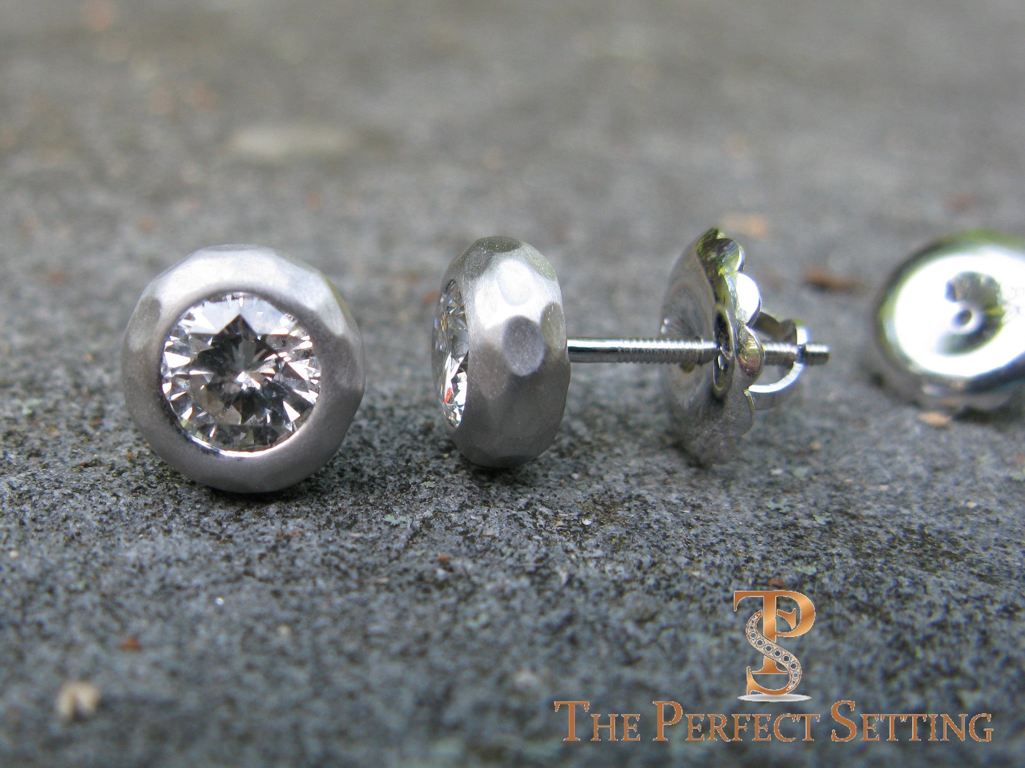 Rustic Diamond Studs Hammered Bezel Setting White Gold