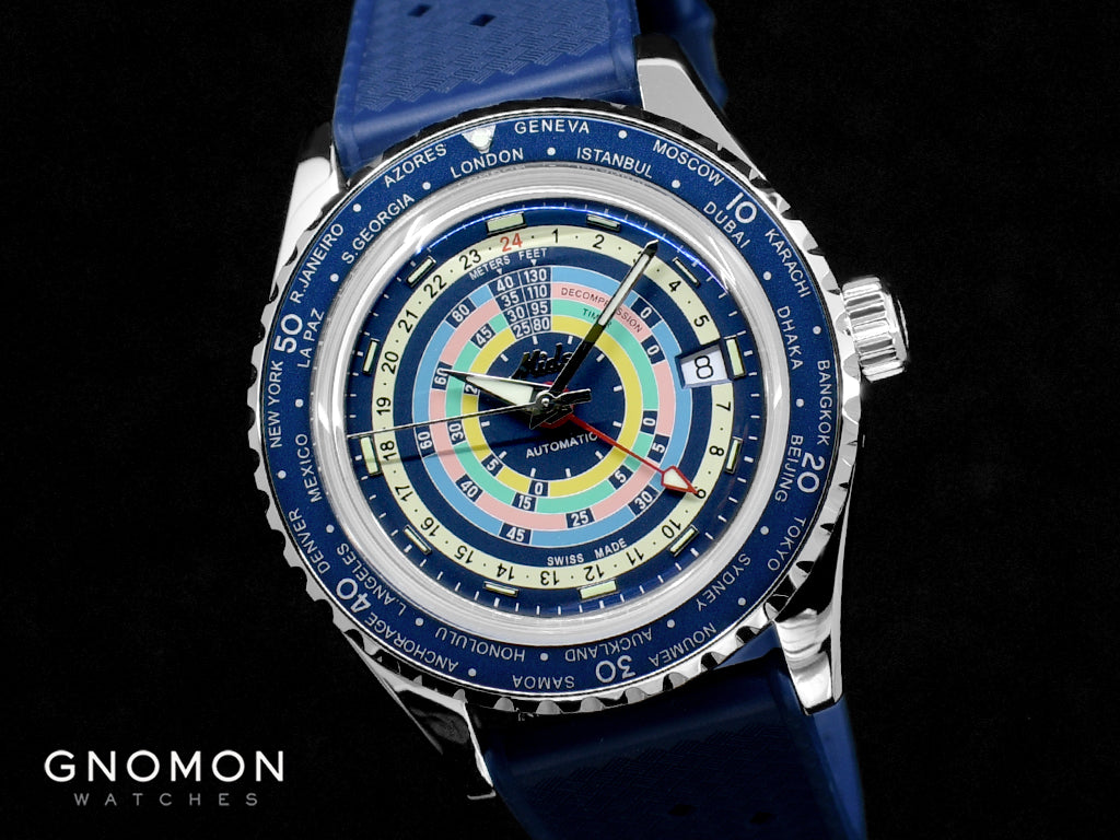 The colorful dial of Mido Ocean Star Decompression Worldtimer
