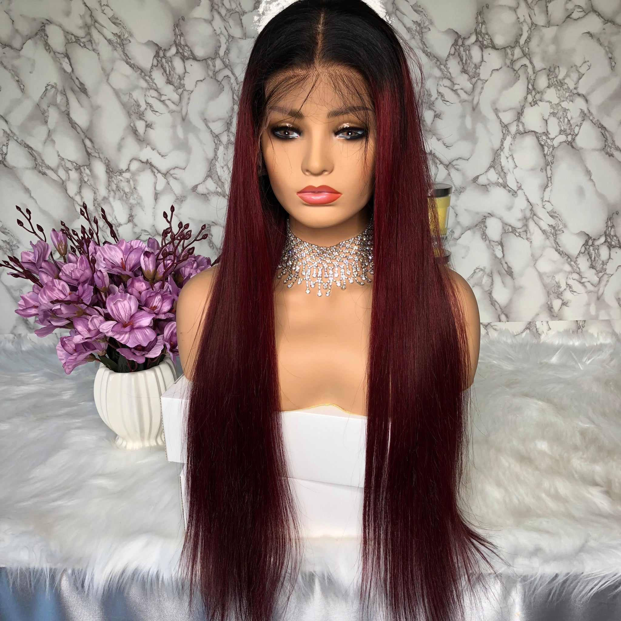 13x6 Long Deep Part Straight Lace Front Wig Ombre 1b 99j Burgundy Human Hair Wig