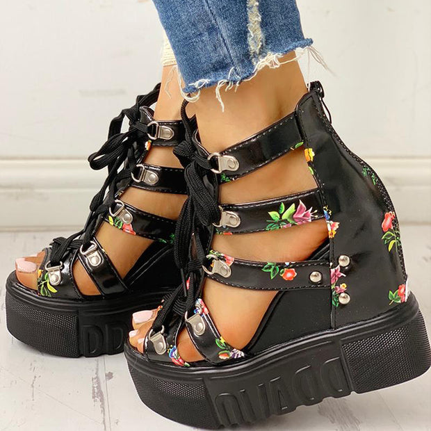 Lace-Up Cut Out Wedge Sandals - Womens 