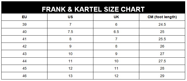 Frank and Kartel Size Chart