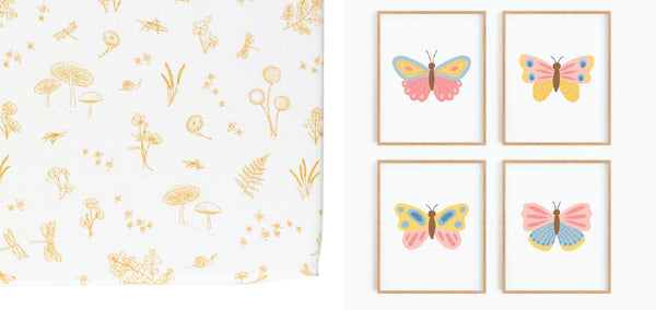 Botanical crib sheet and butterfly wall art