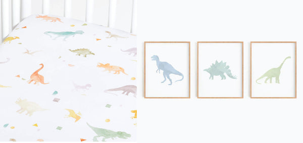 Dinosaur crib sheets and nursery wall art