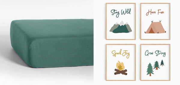 Green crib sheet and nature wall art