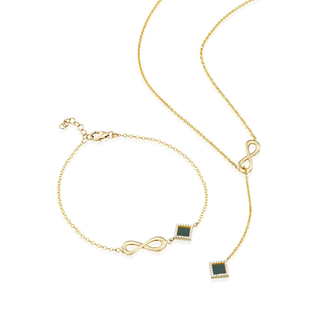 Gold necklace and bracelet with infinity symbols and square pendants.