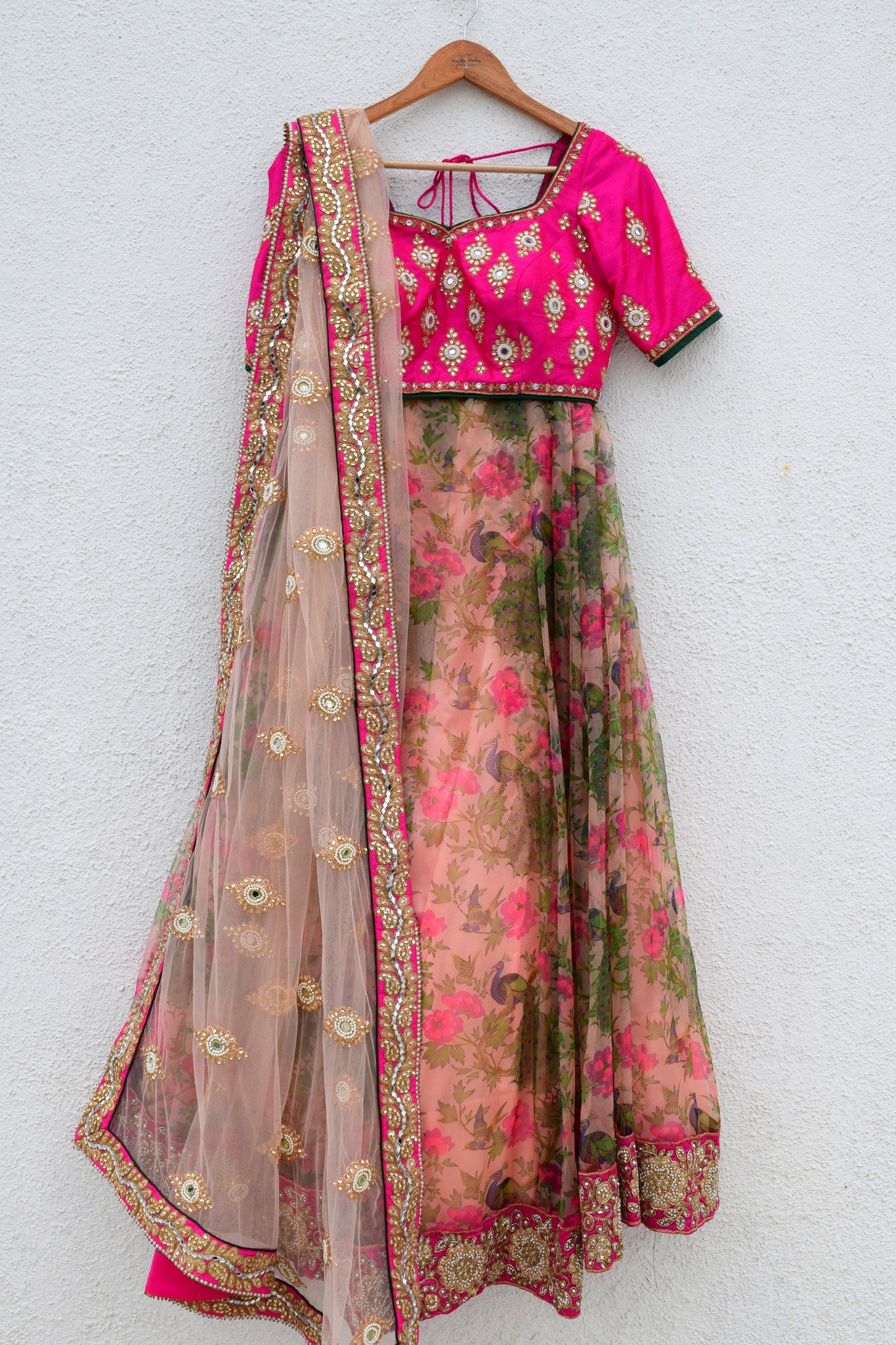 Peacock printed lehenga with magenta pink embroidered blouse | Vintage Desi