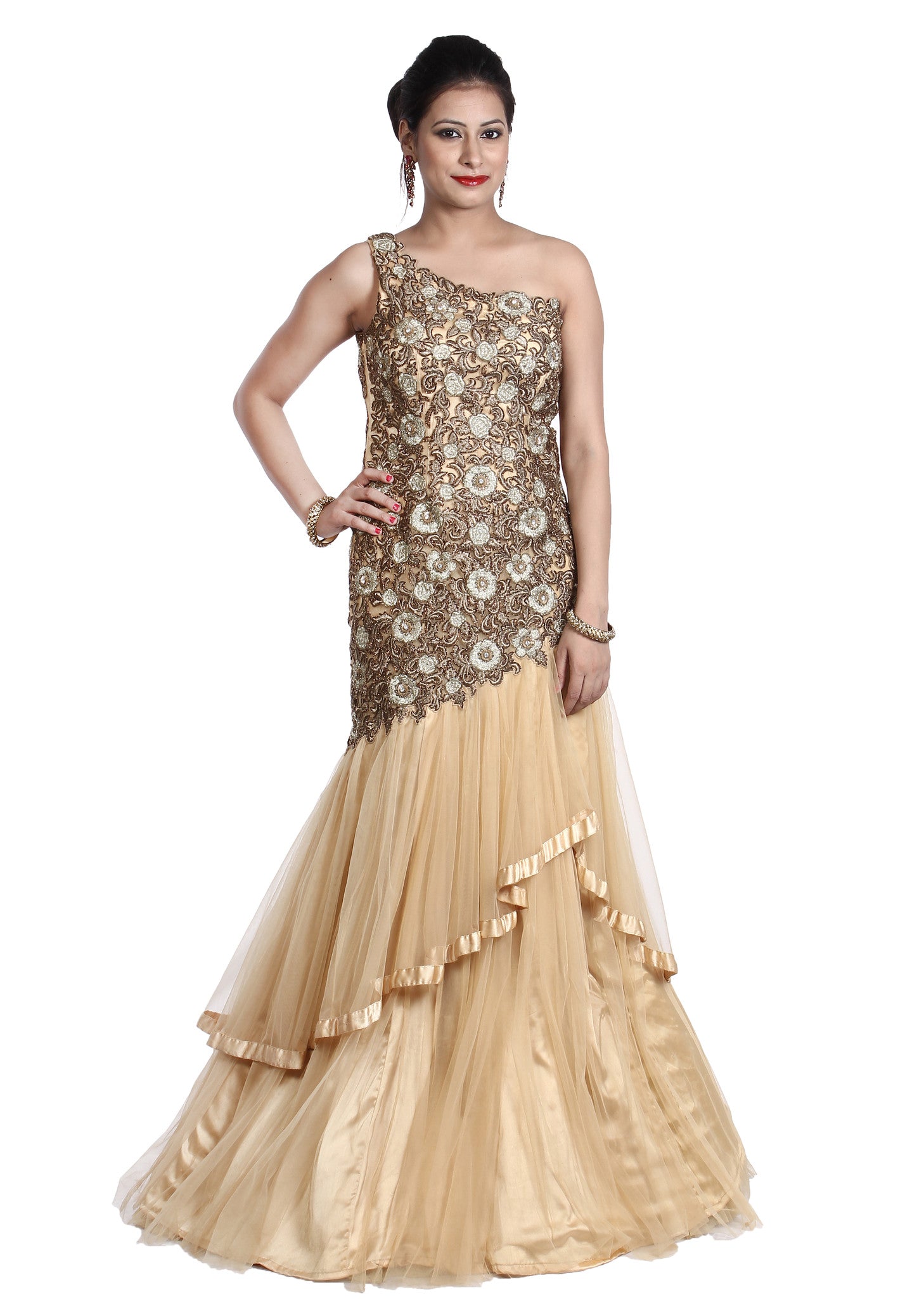 gold one shoulder gown