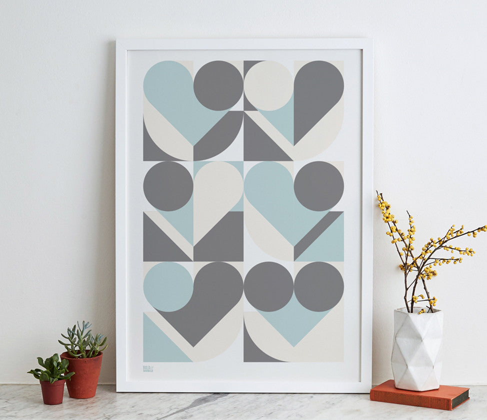 Geometric Heart Art Print In Duck Egg Blue And Grey