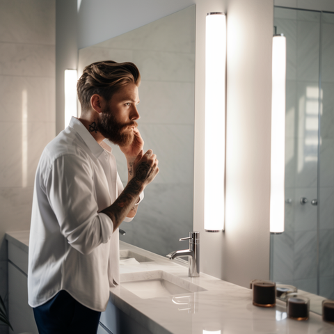 A man exfoliating his face and beard with charcoal sugar scrub