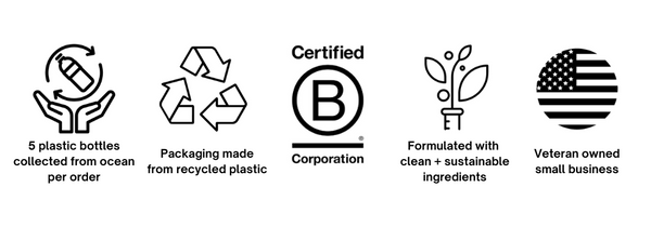 Five plastic bottles removed from the ocean per order. Packaging made from recycled plastic. Certified B Corp. Formulated with clean + sustainable ingredients. Veteran owned small business