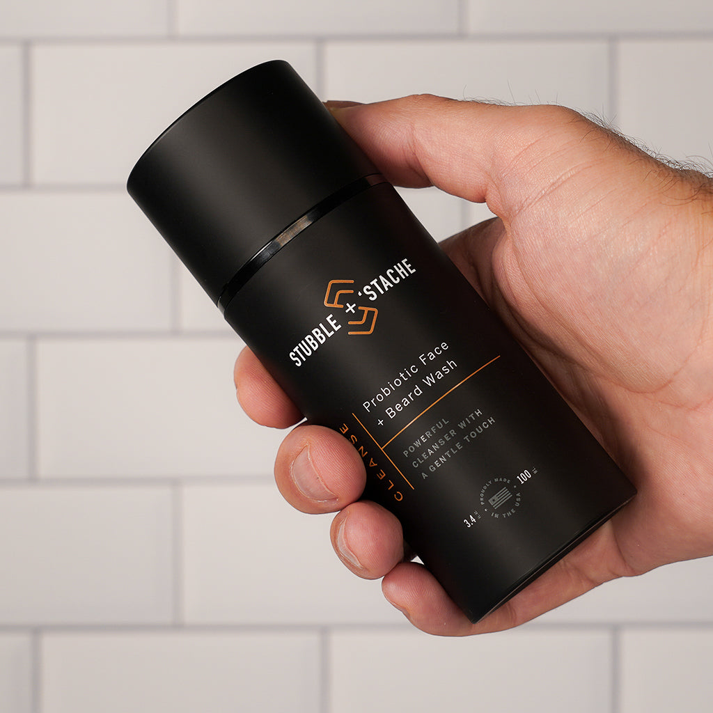 Cleanse: Probiotic Face + Beard Wash. 3.4 fl oz airless pump. Made in the USA by stubble + &#39;stache