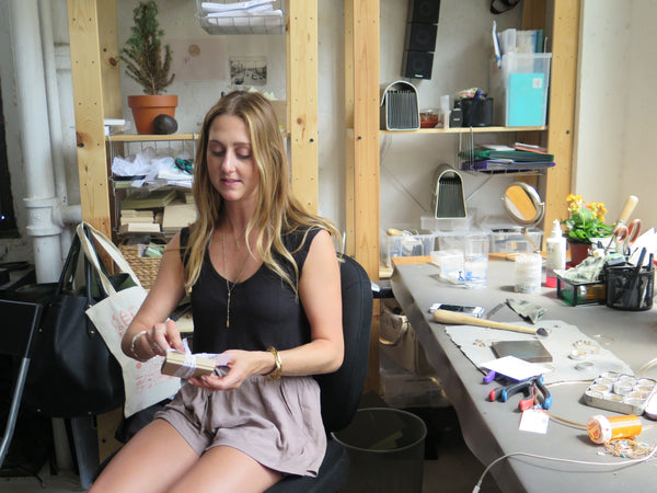 Delia Langan During Etsy Seller Visit at her Jewelry Workbench in Brooklyn