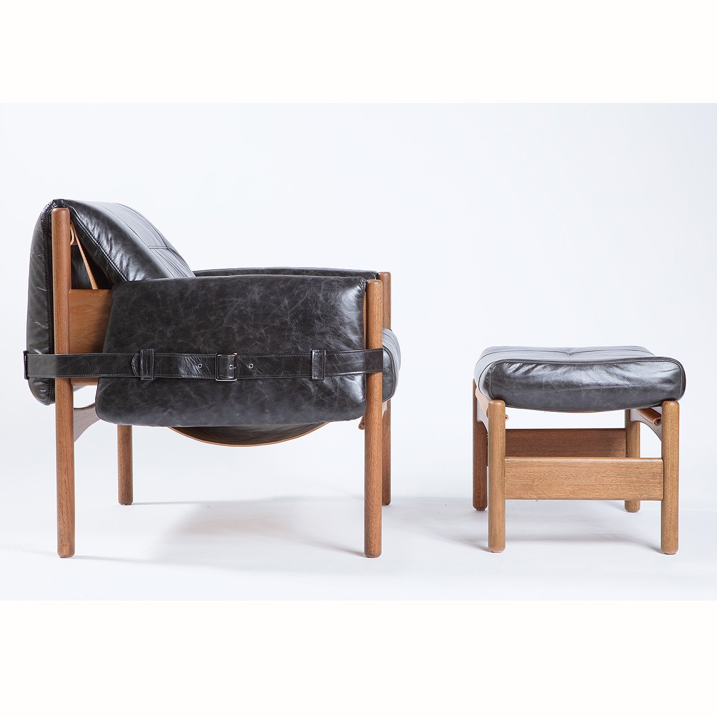 safari leather lounge chair  ottoman  black