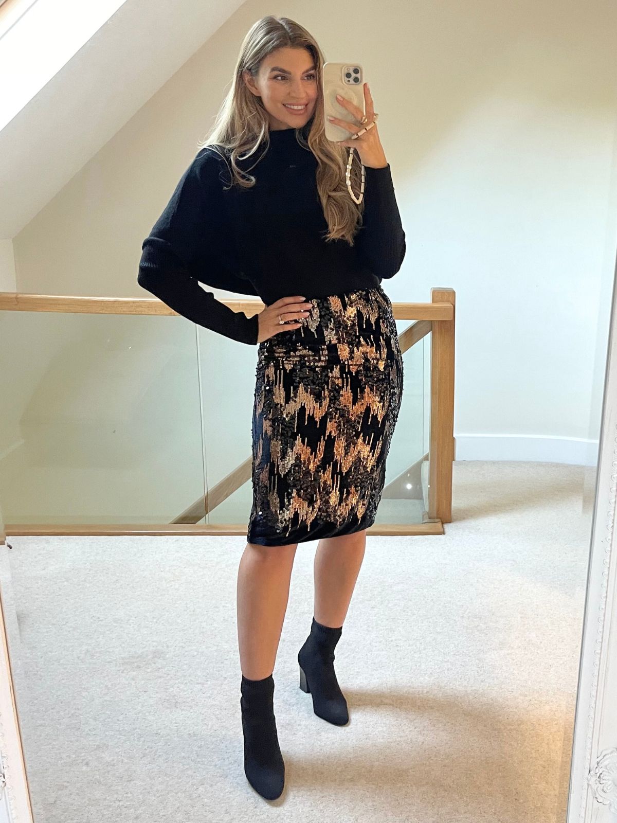 K Phoebe Velvet Sequin Midi Skirt   Black & Gold
