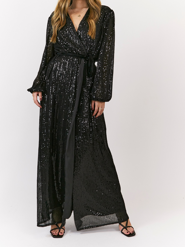 Ria Sequin Wrap Maxi Dress / Black