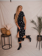 white midi dress black spots