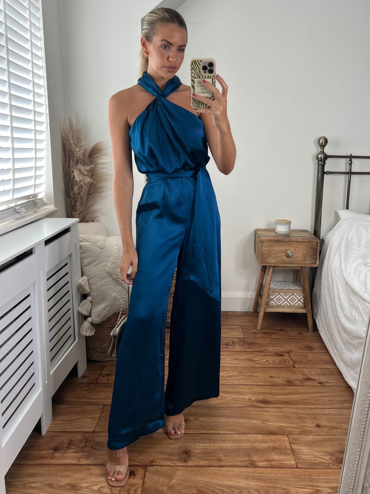 Romy Satin Halter Jumpsuit / Peacock Blue