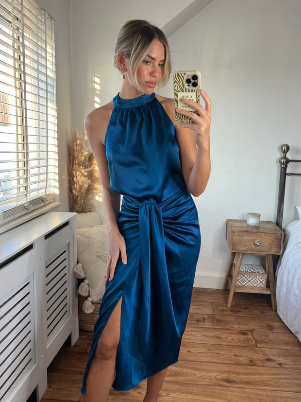 Valencia High Waist Drape Skirt / Peacock Blue