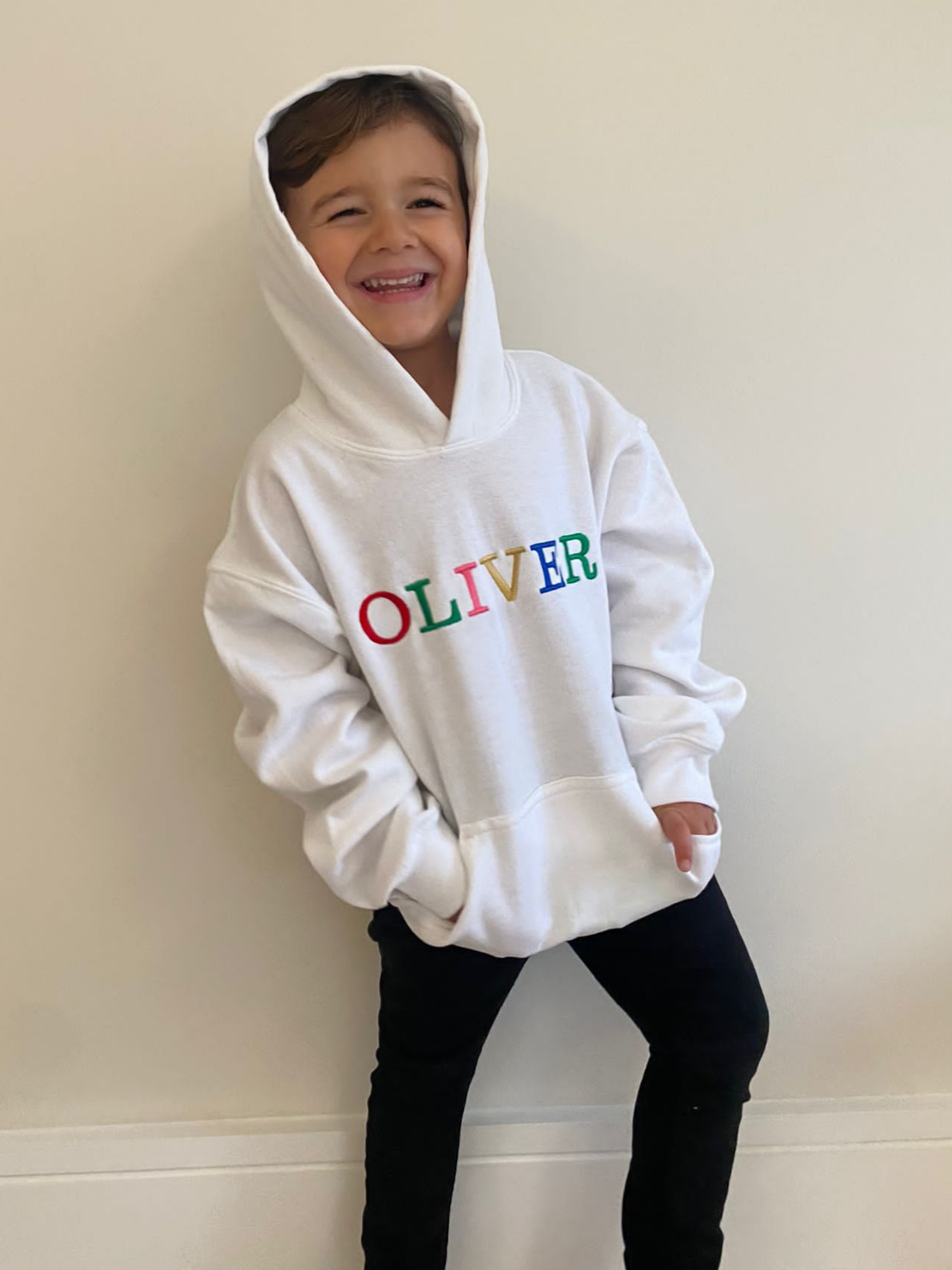 Toby Children’s Unisex Multicoloured Text Personalised Hoodie / White