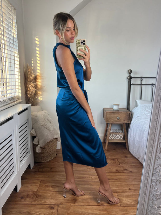 Valencia High Waist Drape Skirt / Peacock Blue