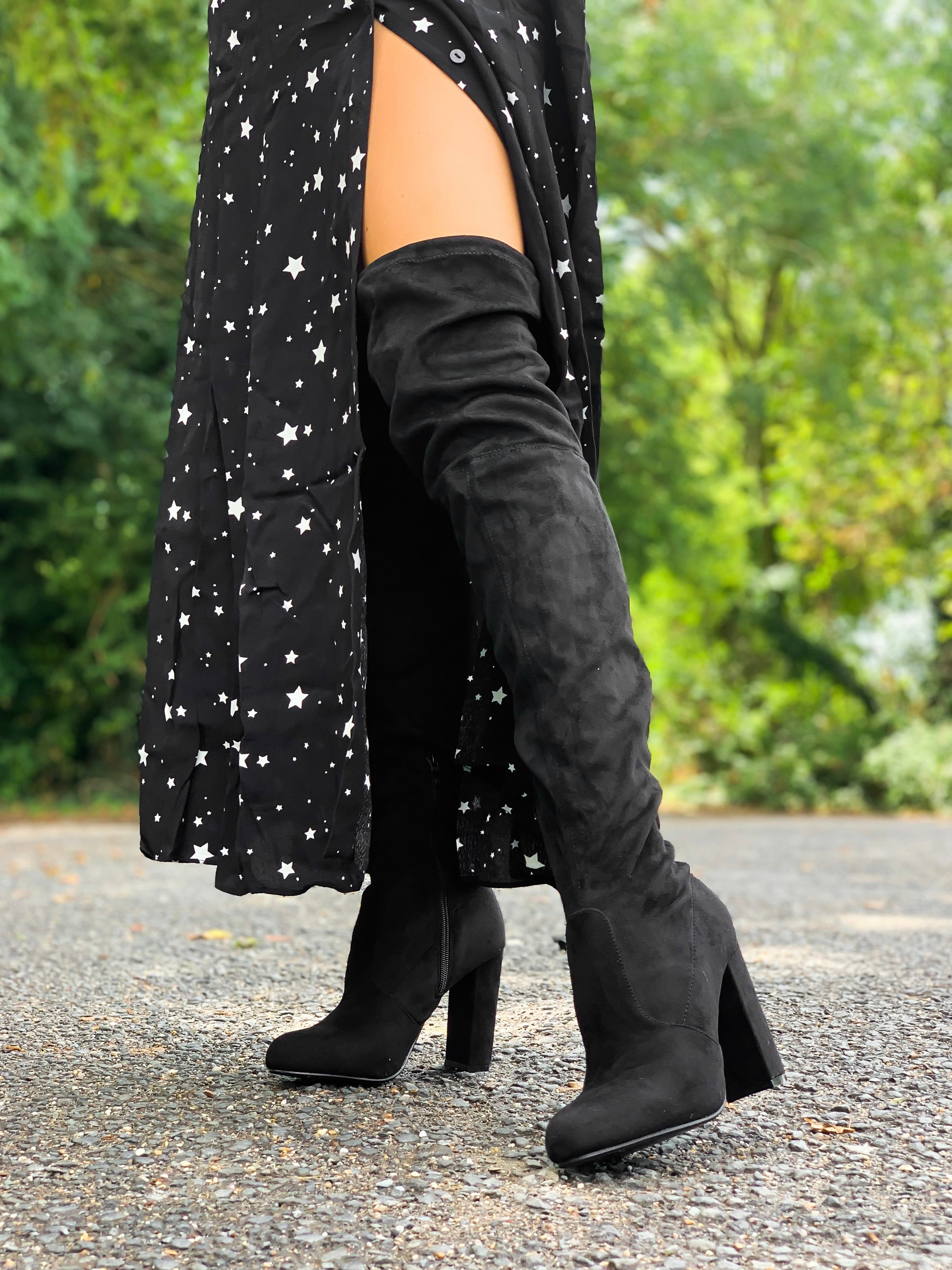 Brooklyn Over The Knee Heeled Boots in Black