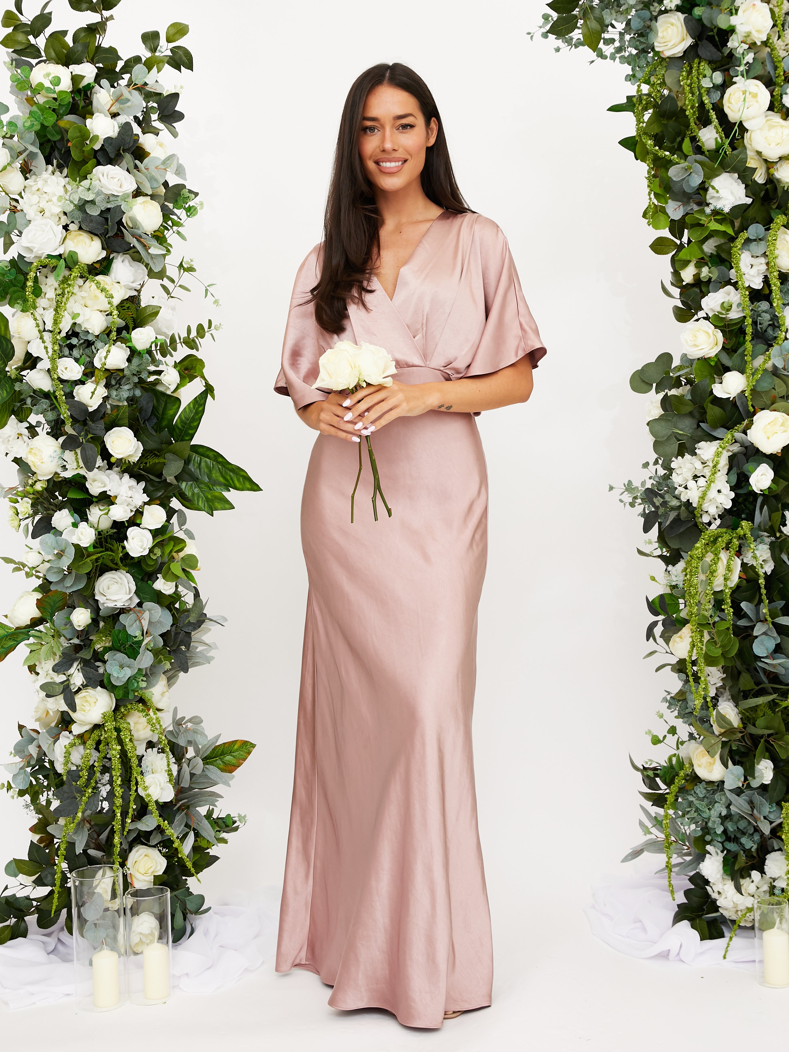 Image of Angel Sleeve Maxi Satin Bridesmaid Dress / Blush