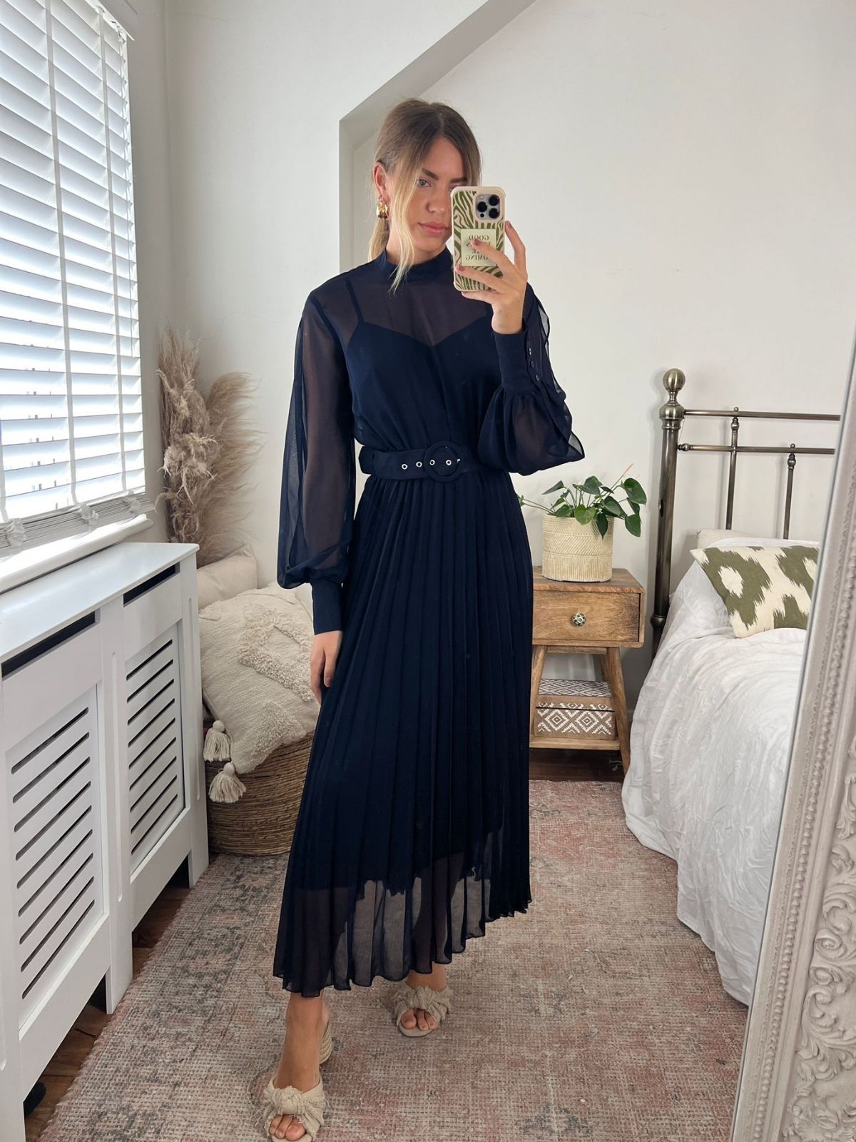 Angelina High Neck Pleated Dress / Navy