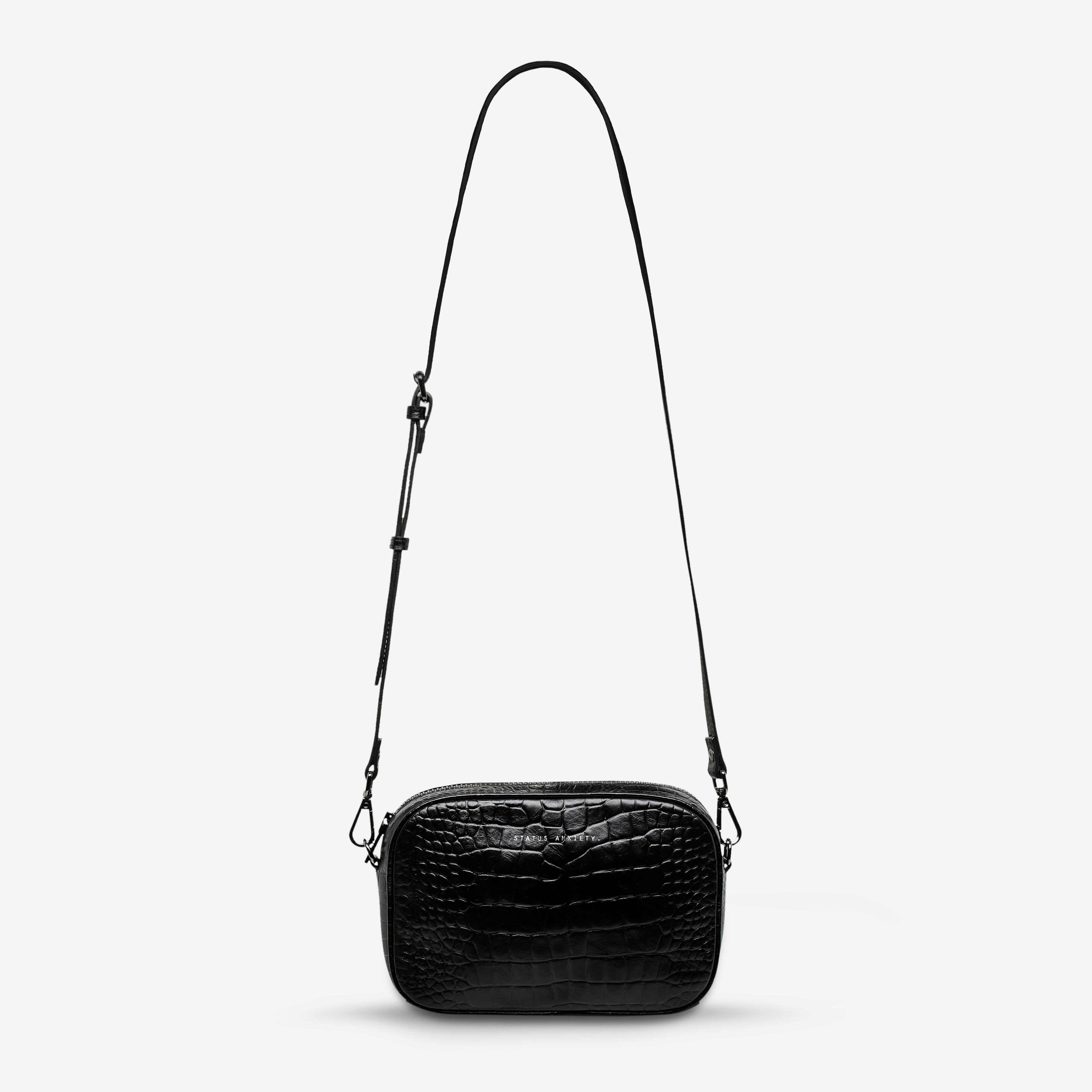 Plunder Women's Black Croc Leather Crossbody Bag | Status Anxiety®