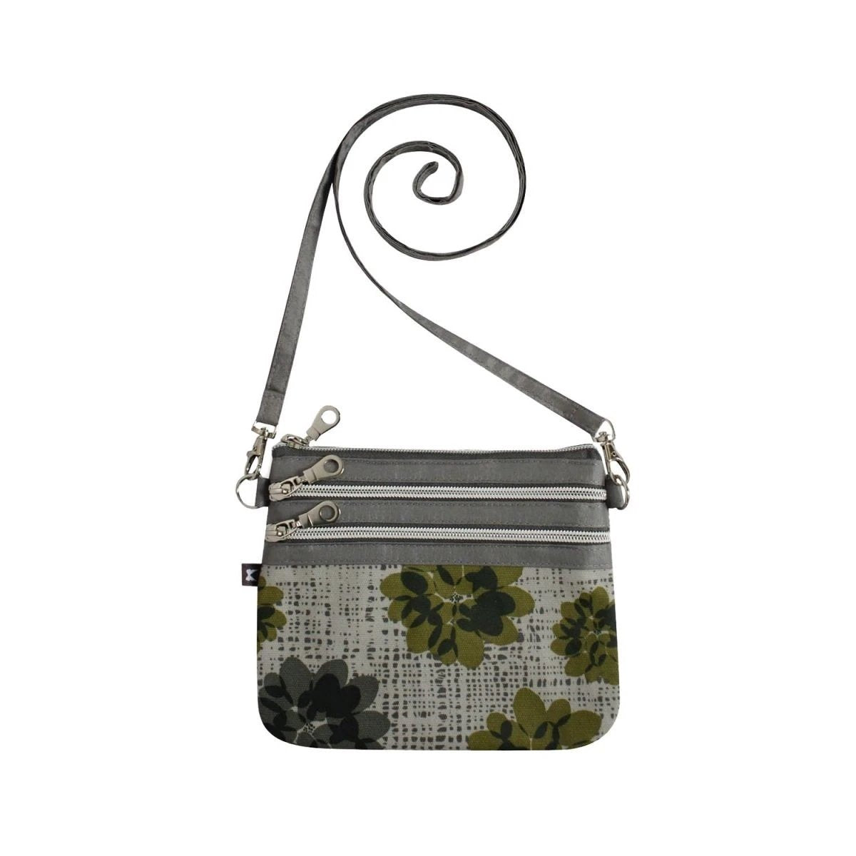 Grey Flower Small Oil Cloth 3-zip Pouch Cross Body Bag by Earth Squared