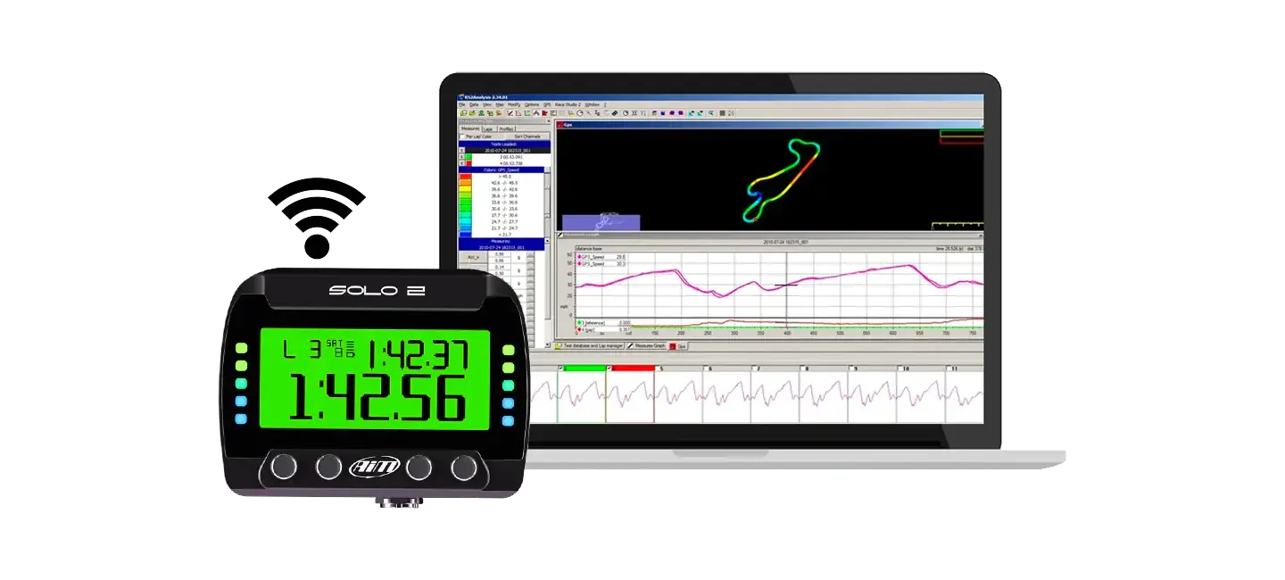 Aim Solo 2 GPS racing lap timer infront of laptop