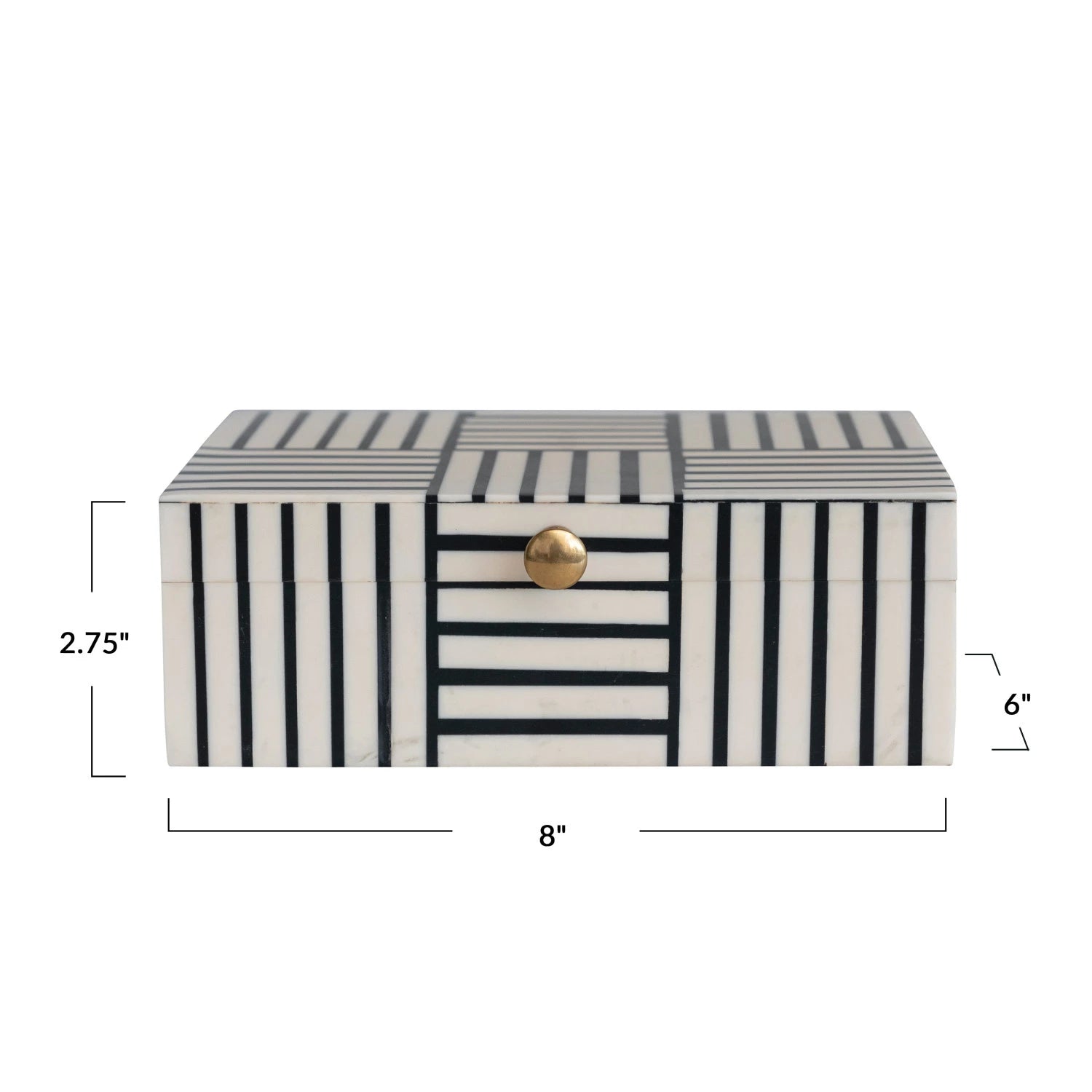 Resin Box in Black and White with Striped Block Pattern and Elegant Gold Knob