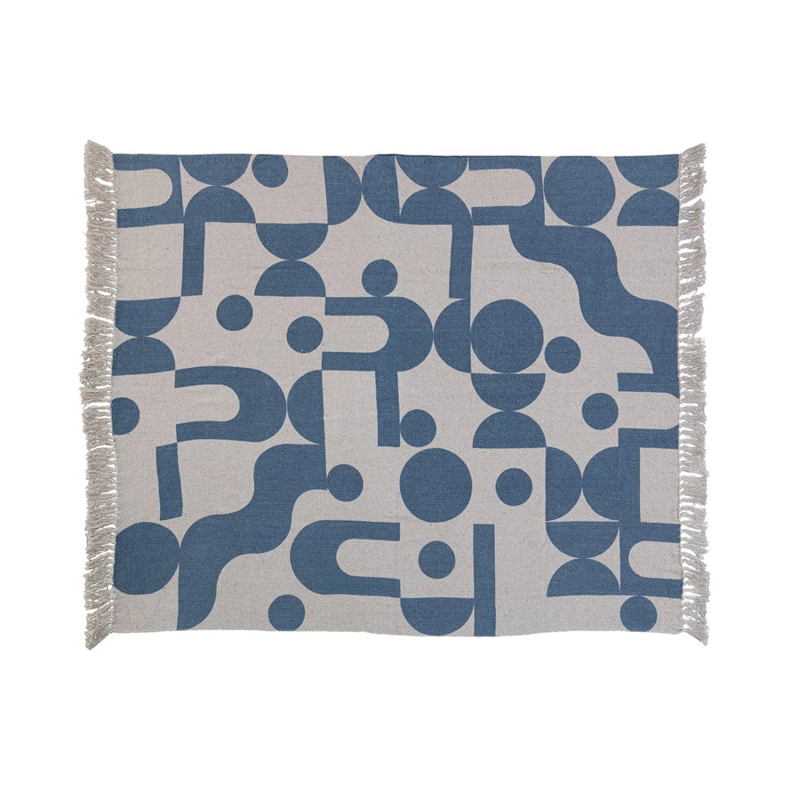 Throw with Fringe in Blue & Beige Abstract Design