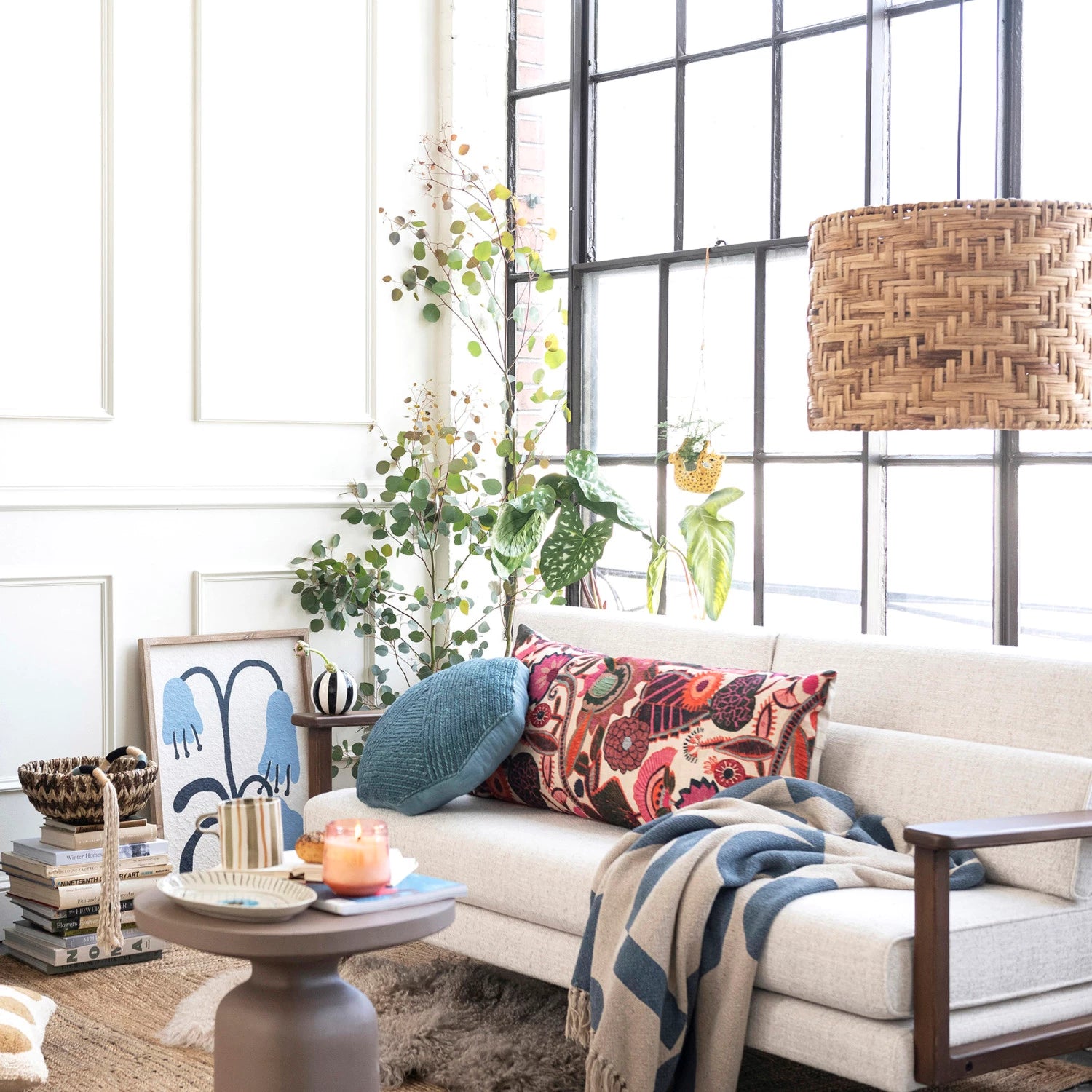 Throw with Fringe in Blue & Beige Abstract Design