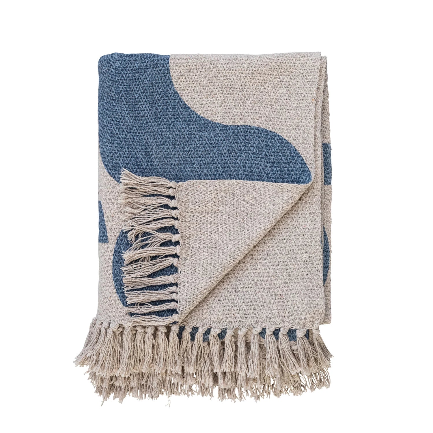 Throw with Fringe in Blue & Beige Abstract Design