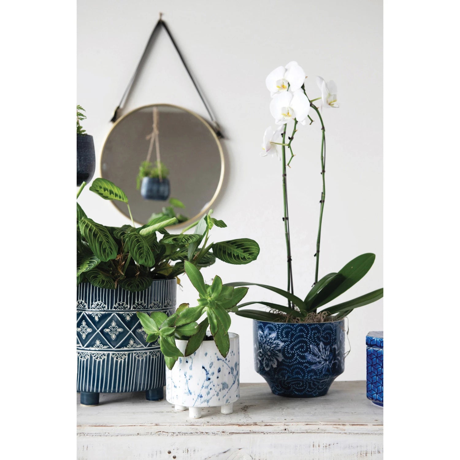 Stylish White and Blue Splatter Design Footed Planter