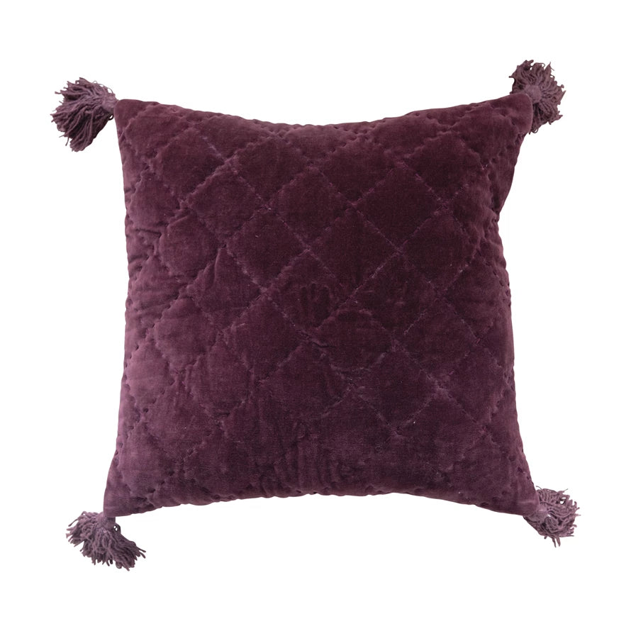 20-Inch Plum Quilted Velvet Pillow Adorned with Tassels