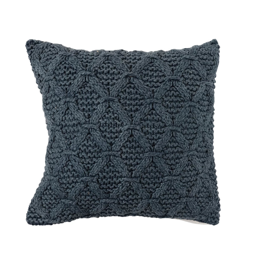 Blue Cable Knit Pillow with Pattern, Woven from Cotton