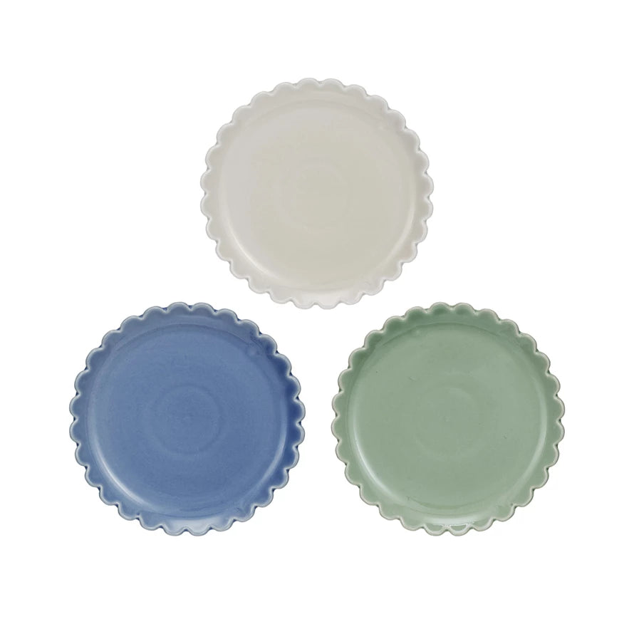 Stoneware Plate with Scalloped Edge in 3 Colors and Round Shape
