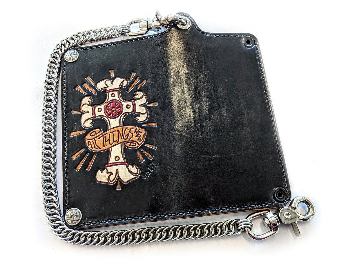 Long Biker Leather Chain Wallet - Cholo Skull - Anvil Customs