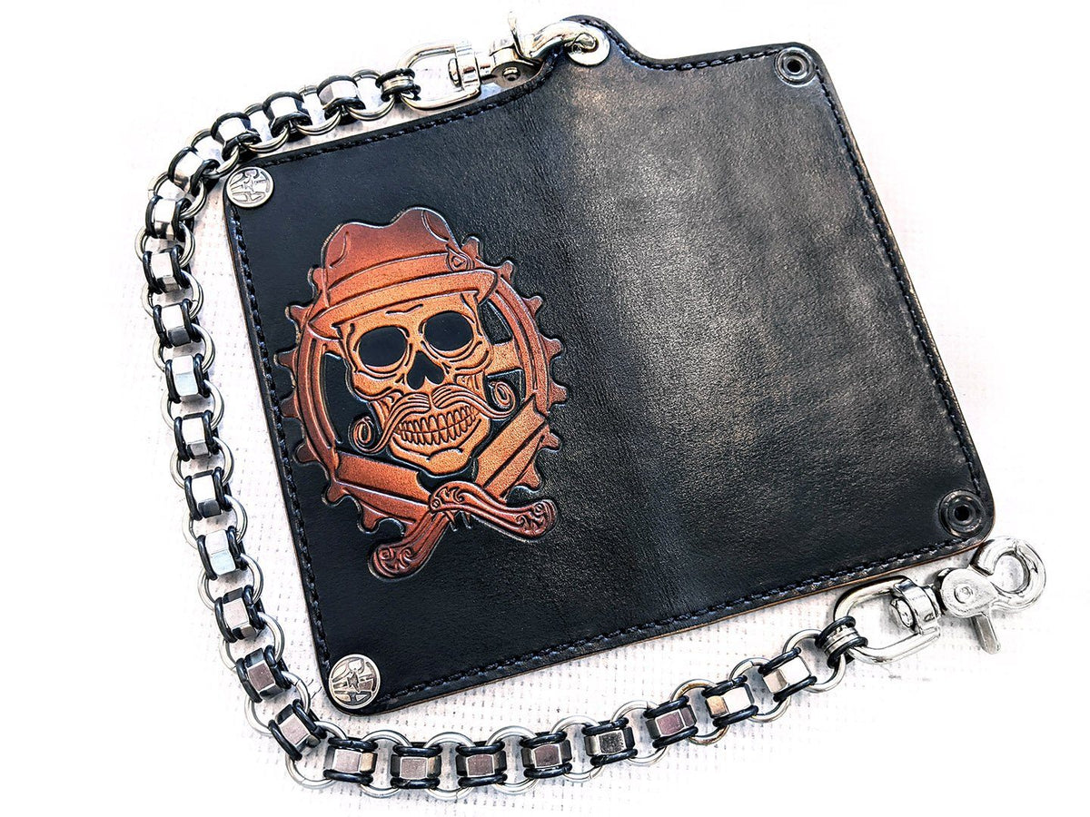 Long Biker Leather Chain Wallet - Cholo Skull - ShopperBoard