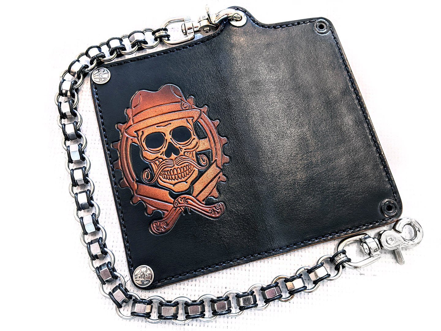 Hand Stained Long Biker Leather Chain Wallet - Cholo Skull - Anvil