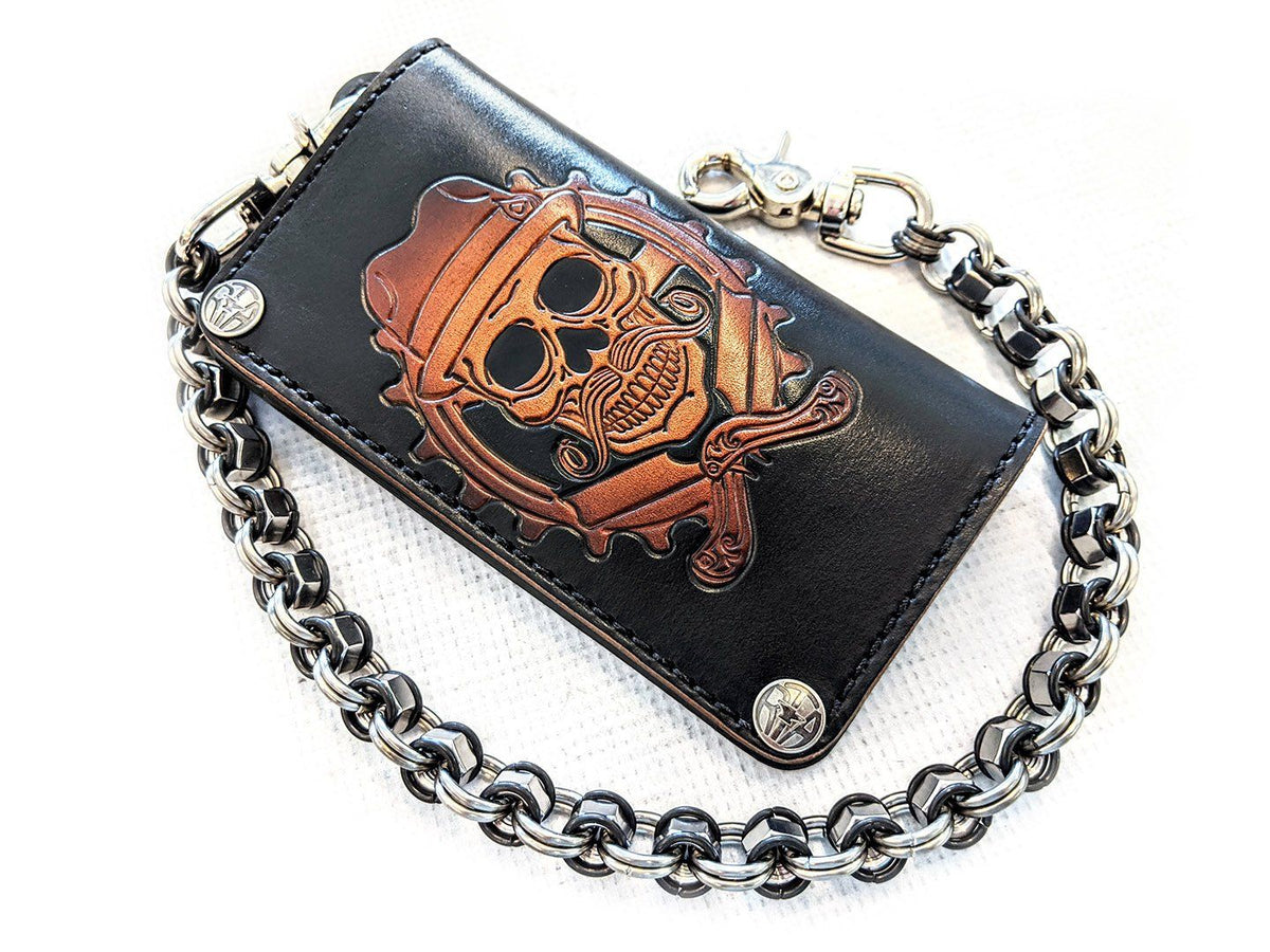 Long Biker Leather Chain Wallet - Cholo Skull - ShopperBoard
